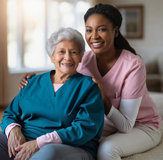 A picture of a care giver and an elderly lady smiling